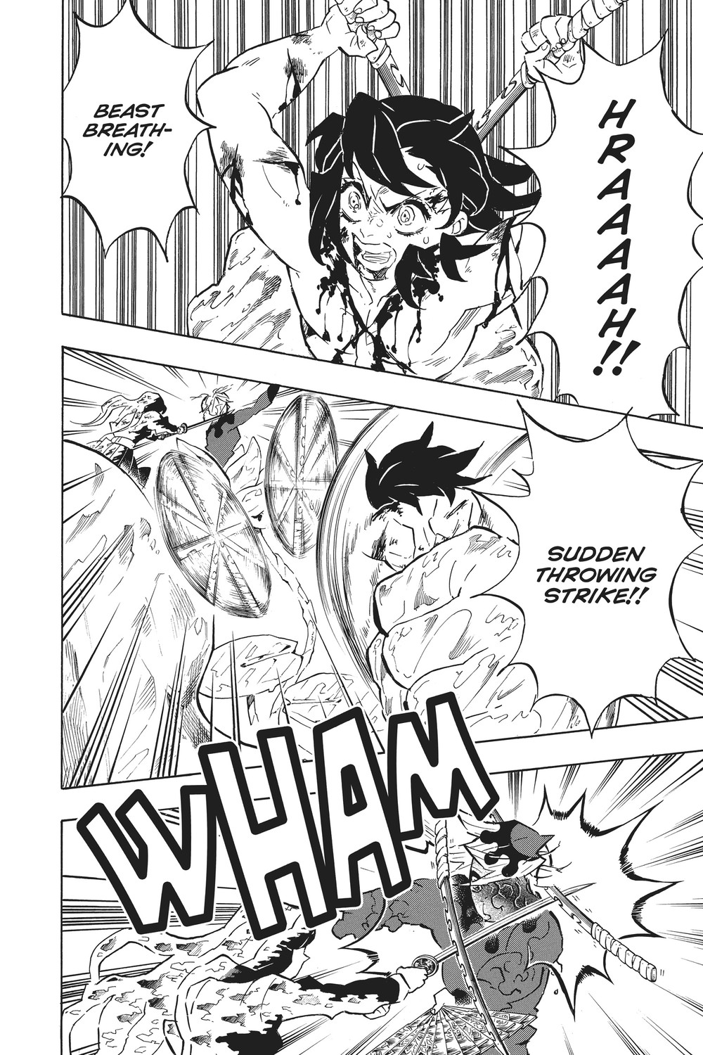 Demon Slayer: Kimetsu no Yaiba Vol. 19 (VIZ Media), p.48 — this stretch of Vol. 19 runs one page ahead in VIZ's English pagination: "BEAST BREATHING!" and "SUDDEN THROWING STRIKE!!"