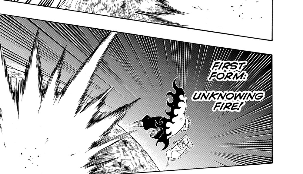 Demon Slayer: Kimetsu no Yaiba Vol. 8 (VIZ Media), p.39 — "FIRST FORM: UNKNOWING FIRE!"