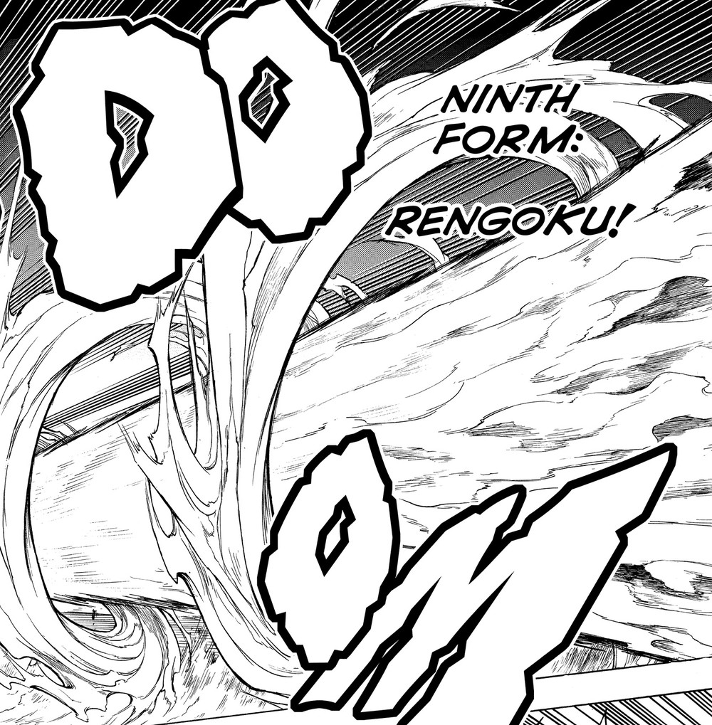 Demon Slayer: Kimetsu no Yaiba Vol. 8 (VIZ Media), pp.56-57 (VIZ double-page spread) — "NINTH FORM: RENGOKU!"