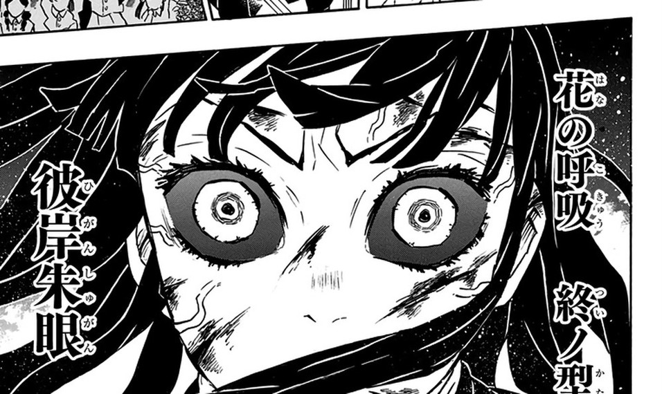 Demon Slayer Vol. 19, p.44 (Japanese) — Kanao Tsuyuri's eyes blown wide with burst blood vessels as she activates the technique; vertical text reads 「花の呼吸」「終ノ型」on the right and 「彼岸朱眼」on the left.