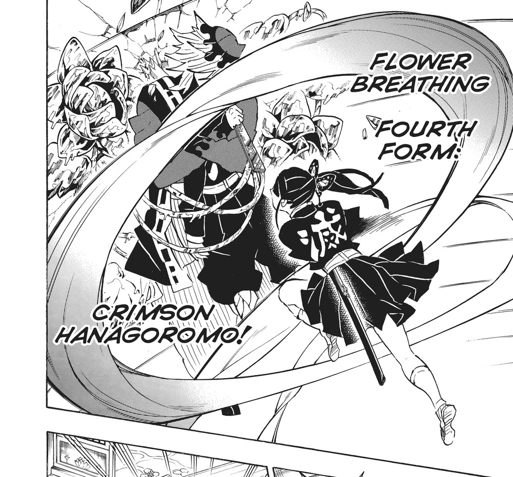 Demon Slayer: Kimetsu no Yaiba Vol. 17 (VIZ Media), p.20 — no pagination offset here: "FLOWER BREATHING / FOURTH FORM: / CRIMSON HANAGOROMO!"