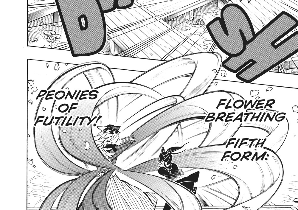 Demon Slayer: Kimetsu no Yaiba Vol. 18 (VIZ Media), p.136 — this stretch of Vol. 18 runs one page ahead in VIZ's English pagination: "PEONIES OF FUTILITY!" beside "FLOWER BREATHING / FIFTH FORM:"