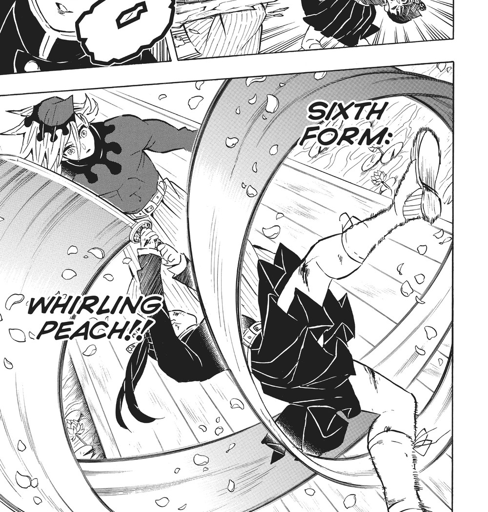 Demon Slayer: Kimetsu no Yaiba Vol. 18 (VIZ Media), p.139 — this stretch of Vol. 18 runs one page ahead in VIZ's English pagination: "SIXTH FORM: WHIRLING PEACH!!"