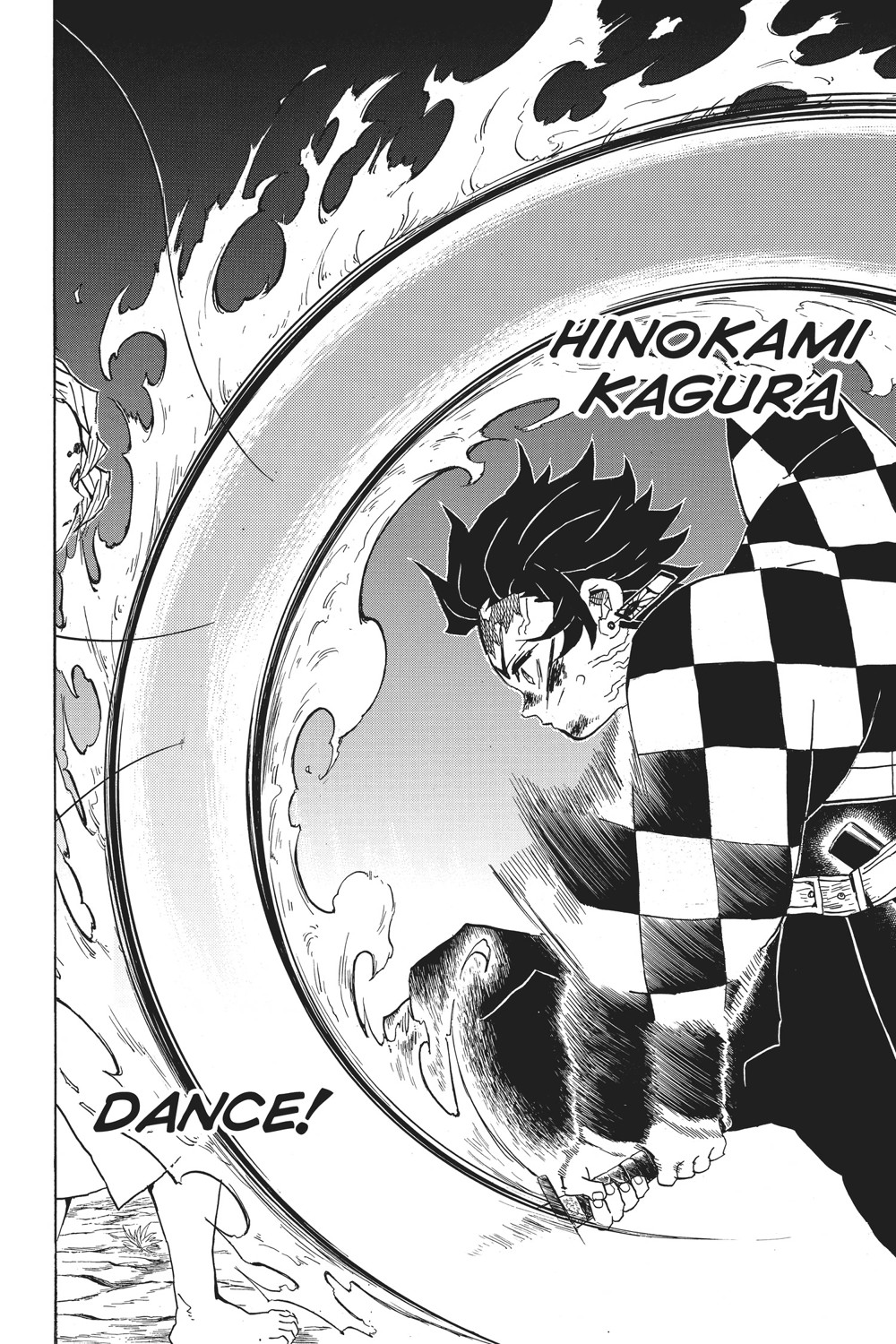 Tanjiro Kamado performing Circle Dance for the first time against Rui, full-page splash reading "DANCE! HINOKAMI KAGURA", Kimetsu no Yaiba Vol. 5 (VIZ Media) — note this is the corrected page (112), one page ahead of the Japanese edition's pagination at this point in the volume