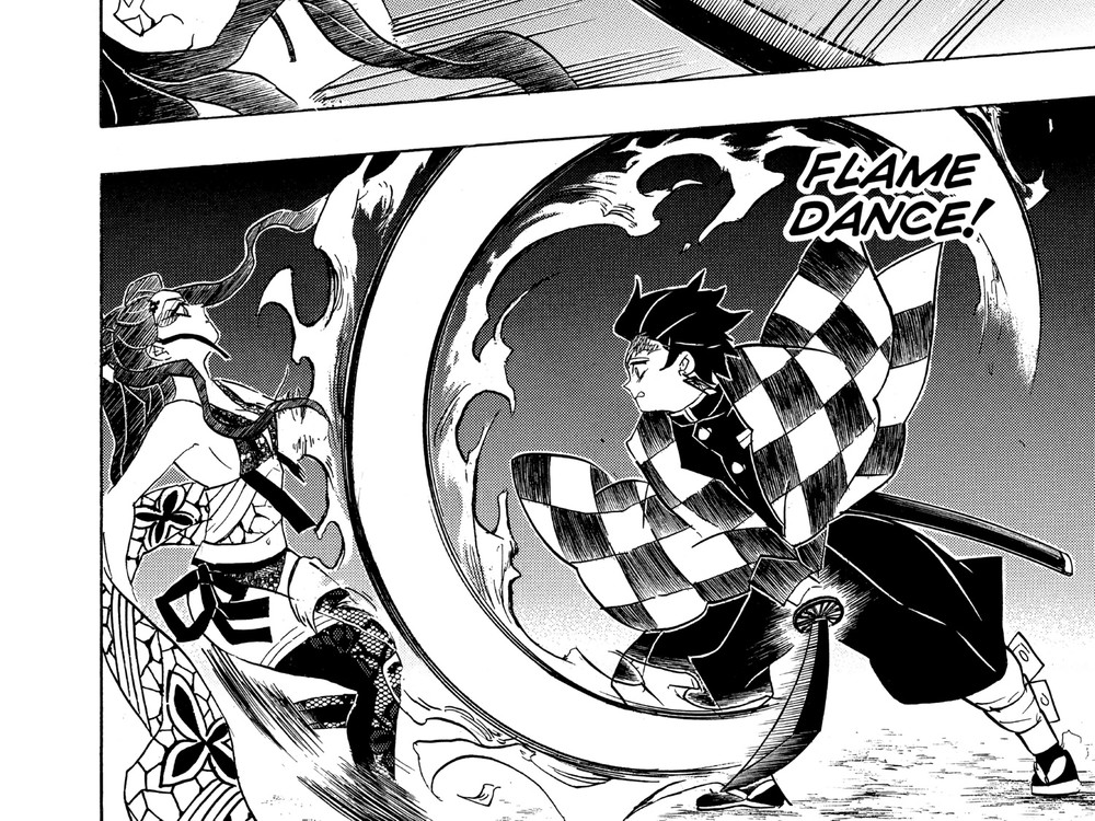 Tanjiro Kamado unleashing Flame Dance against Upper Rank Six Daki, Kimetsu no Yaiba Vol. 9