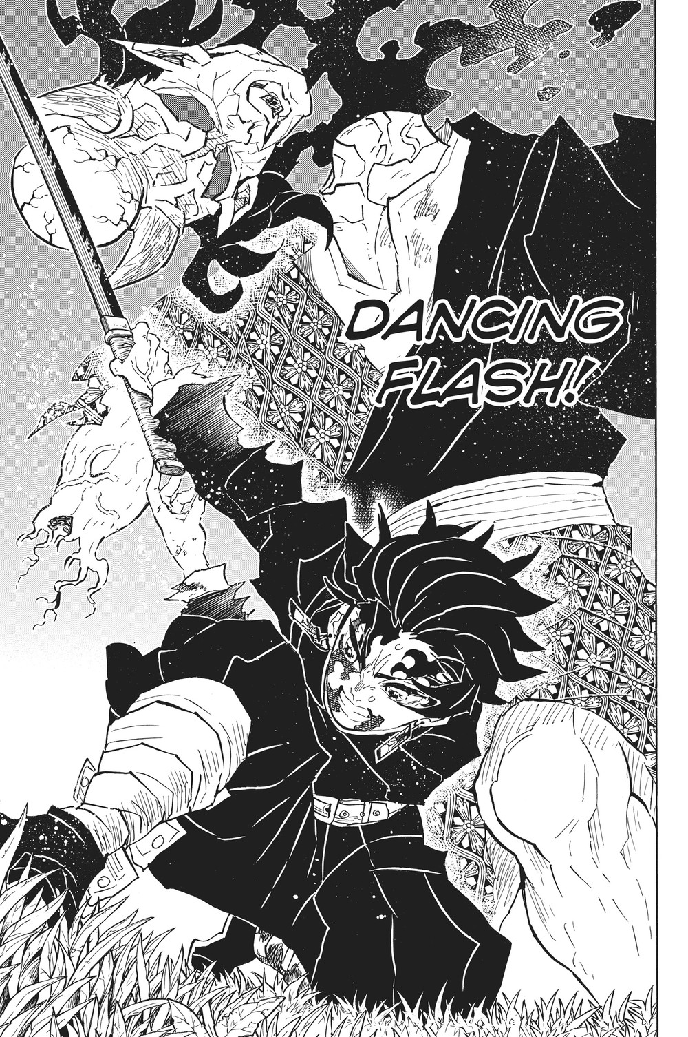 Tanjiro Kamado performing Dancing Flash mid-battle in the Swordsmith Village arc, Kimetsu no Yaiba Vol. 15