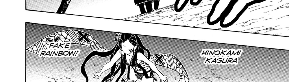 Tanjiro Kamado performing Fake Rainbow against Upper Rank Six Daki, with the HINOKAMI KAGURA callout beside it, Kimetsu no Yaiba Vol. 9