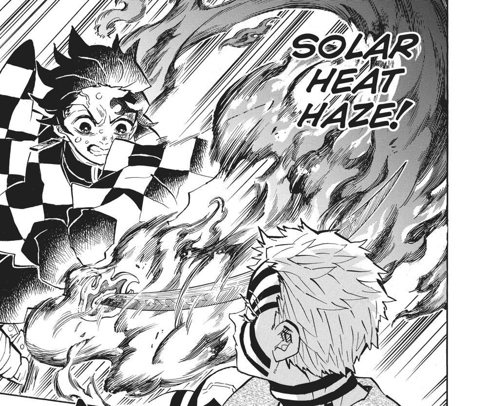 Tanjiro Kamado performing Solar Heat Haze against Upper Rank Three Akaza, Kimetsu no Yaiba Vol. 17