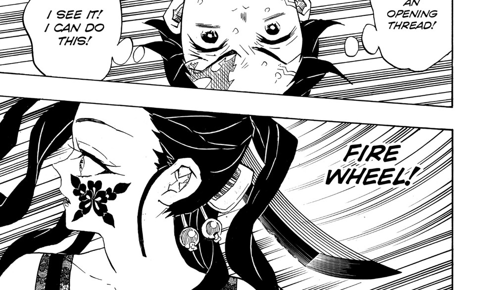 Tanjiro Kamado delivering the finishing Fire Wheel strike against the spider-thread demon "Mother," reading "FIRE WHEEL!", Kimetsu no Yaiba Vol. 9 (VIZ Media)
