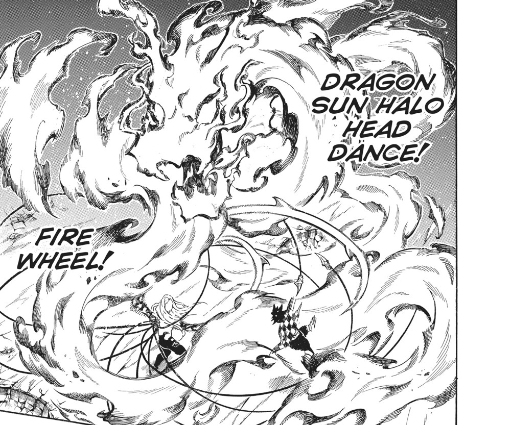Tanjiro Kamado's coiling Dragon Sun Halo Head Dance / Fire Wheel combo strike against Muzan Kibutsuji, Kimetsu no Yaiba Vol. 22 (VIZ Media) — note this is the corrected page (115), one page ahead of the Japanese edition's pagination at this point in the volume