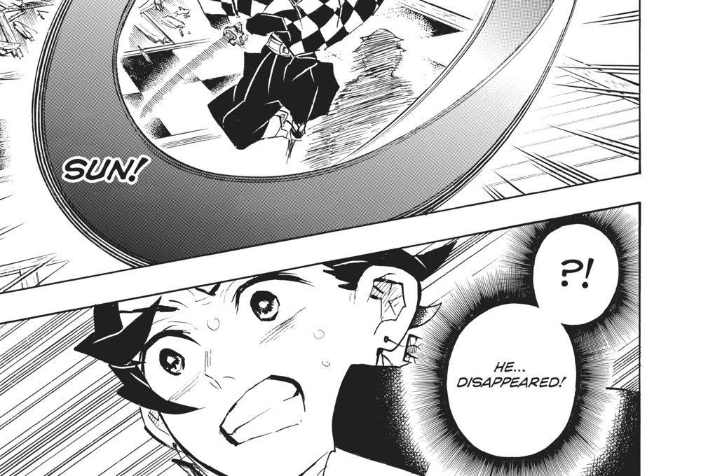 Tanjiro Kamado's Raging Sun disc-slash against Zohakuten, reading "SUN!" followed by "HE... DISAPPEARED!", Kimetsu no Yaiba Vol. 17 (VIZ Media)