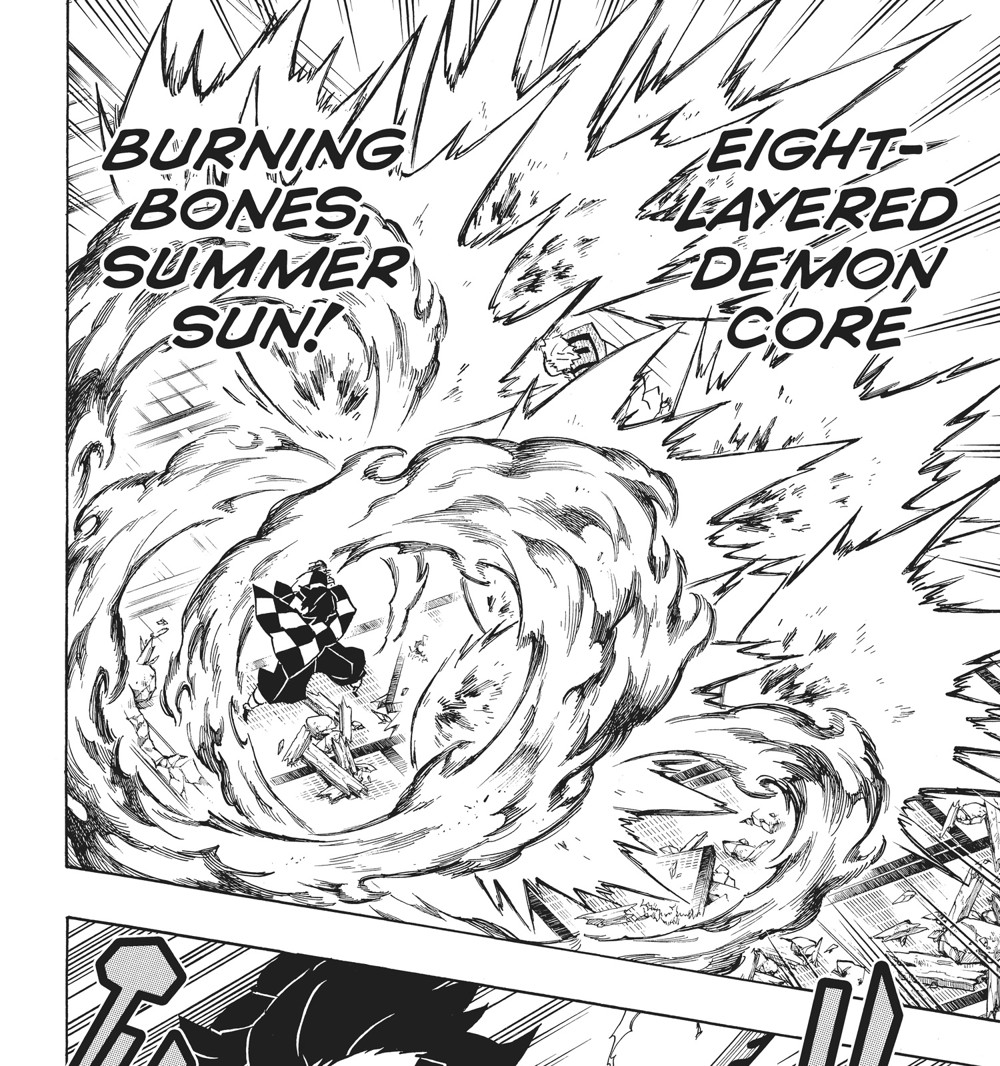 Tanjiro Kamado's spinning Burning Bones, Summer Sun strike, reading "BURNING BONES, SUMMER SUN! EIGHT-LAYERED DEMON CORE", Kimetsu no Yaiba Vol. 17 (VIZ Media)