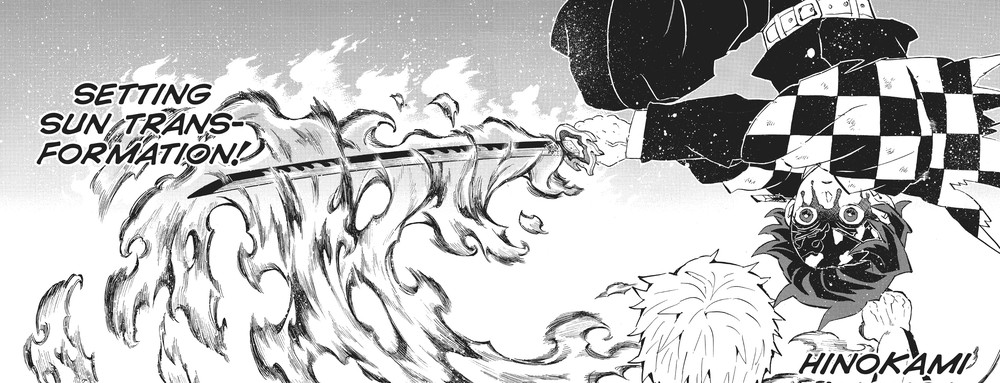 Tanjiro Kamado performing Setting Sun Transformation against Upper Rank Four Hantengu, Kimetsu no Yaiba Vol. 18