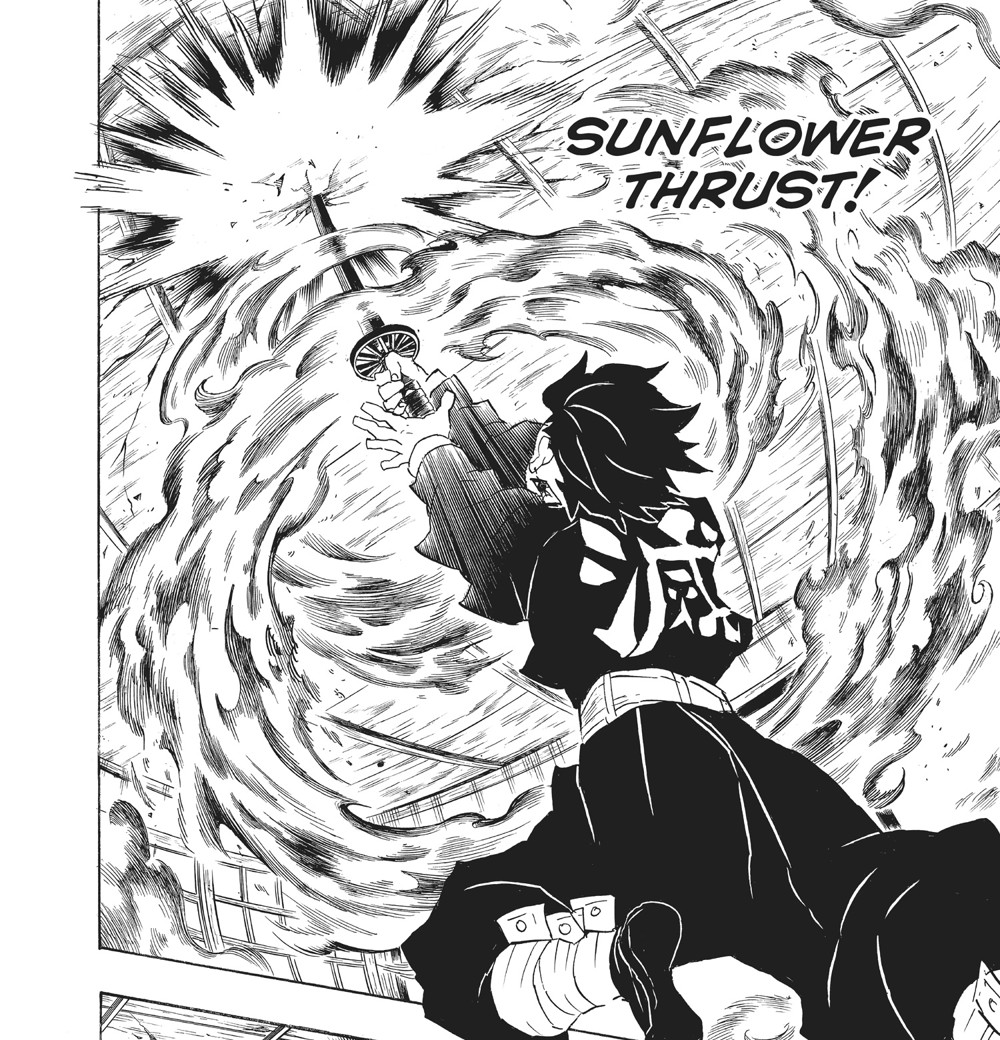 Tanjiro Kamado's Sunflower Thrust, full-page splash reading "SUNFLOWER THRUST!", Kimetsu no Yaiba Vol. 12 (VIZ Media)