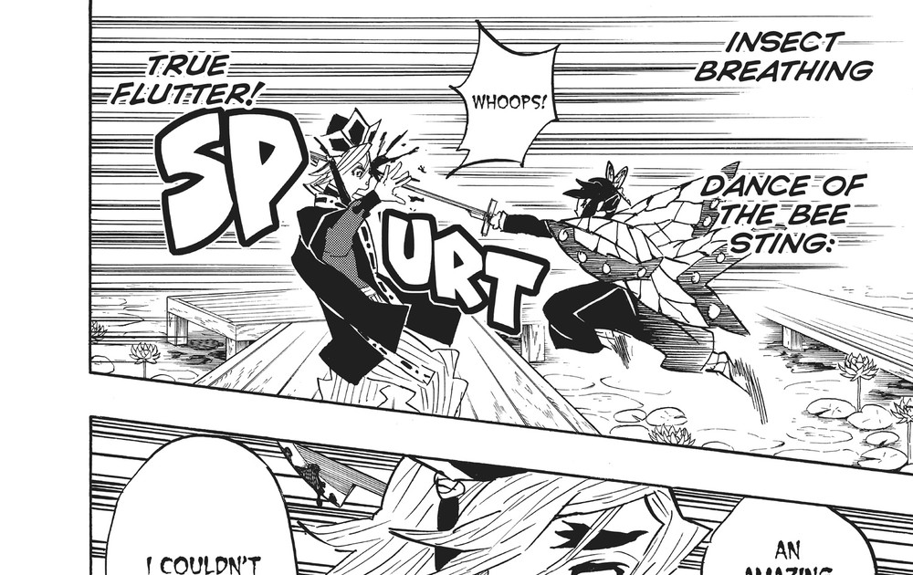 Demon Slayer: Kimetsu no Yaiba Vol. 16 (VIZ Media), p.164 — no pagination offset: "INSECT BREATHING / DANCE OF THE BEE STING: / TRUE FLUTTER!"