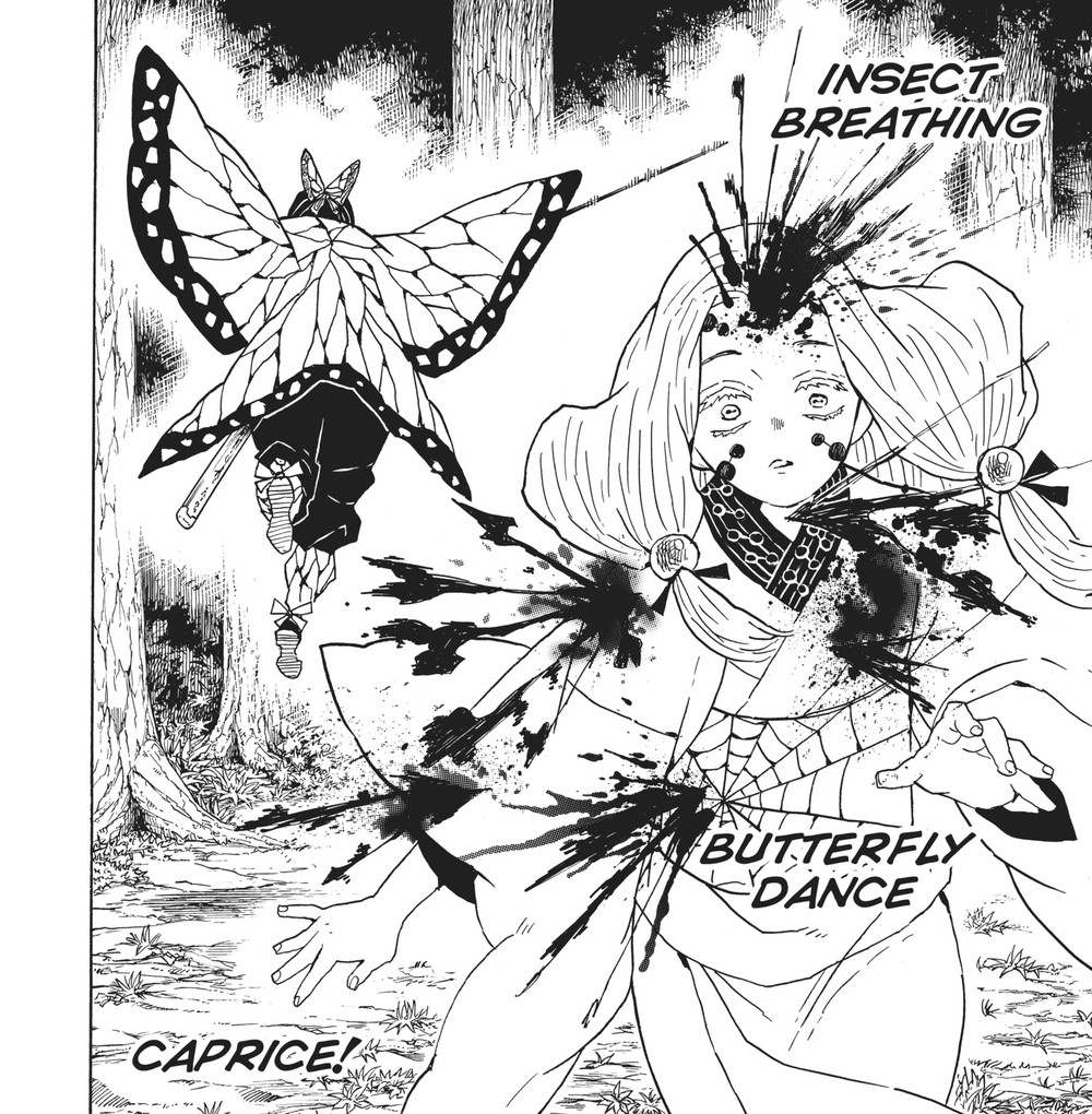 Demon Slayer: Kimetsu no Yaiba Vol. 5 (VIZ Media), p.142 — this stretch of Vol. 5 runs one page ahead in VIZ's English pagination: "INSECT BREATHING / BUTTERFLY DANCE / CAPRICE!"