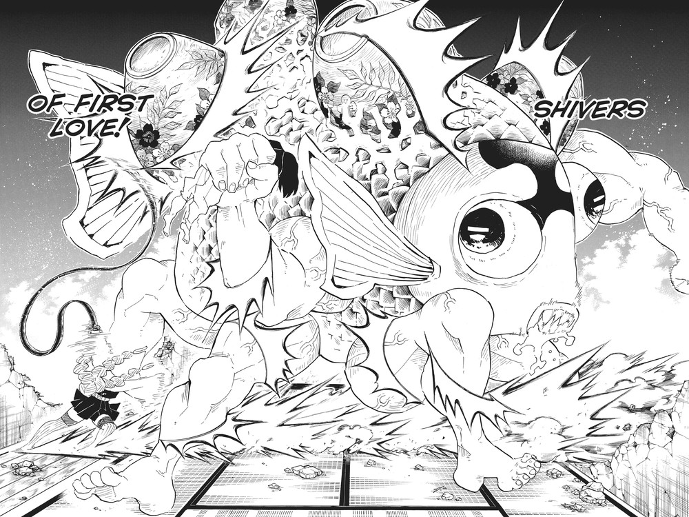Mitsuri Kanroji unleashes Love Breathing First Form: Shivers of First Love against a demon at Swordsmith Village, Demon Slayer: Kimetsu no Yaiba Vol. 13 (VIZ Media)