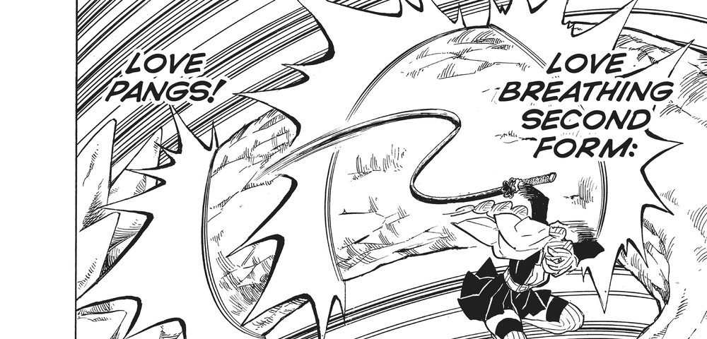 Mitsuri Kanroji spins into Love Breathing Second Form: Love Pangs against Daki in the Entertainment District, Demon Slayer: Kimetsu no Yaiba Vol. 14 (VIZ Media)