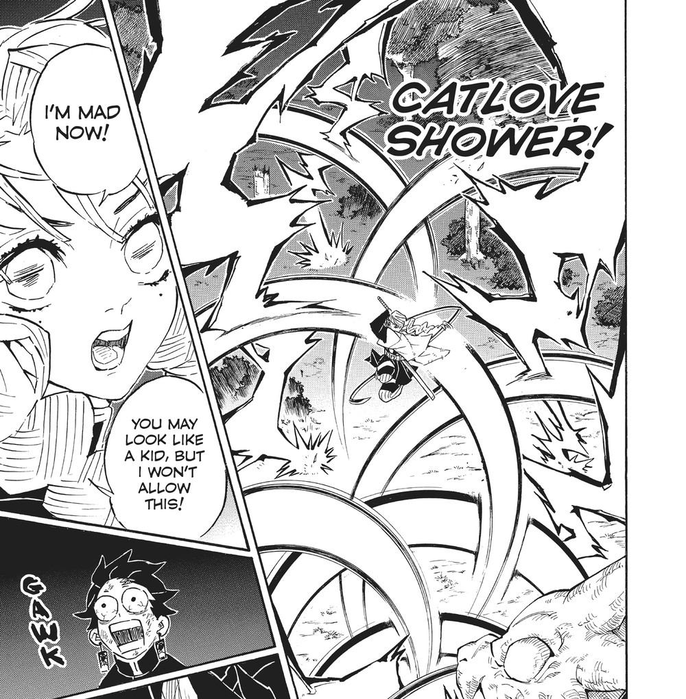 Mitsuri Kanroji unleashes Love Breathing Third Form: Catlove Shower against Daki in the Entertainment District, Demon Slayer: Kimetsu no Yaiba Vol. 14 (VIZ Media)