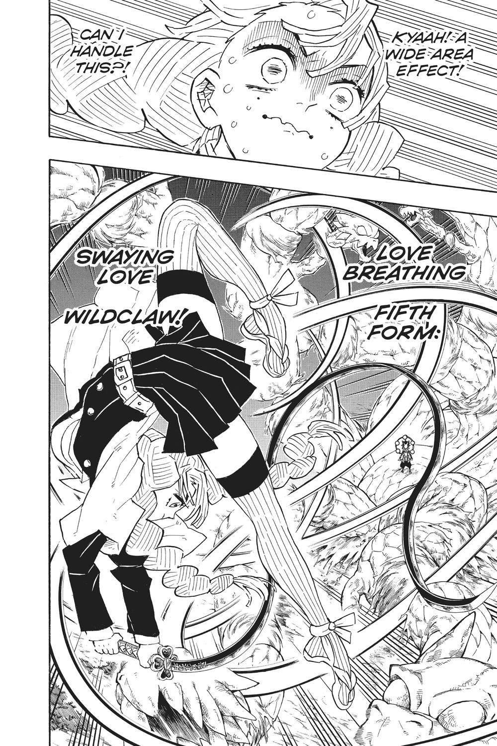 Mitsuri Kanroji unleashes Love Breathing Fifth Form: Swaying Love Wildclaw against Daki in the Entertainment District, Demon Slayer: Kimetsu no Yaiba Vol. 14 (VIZ Media)