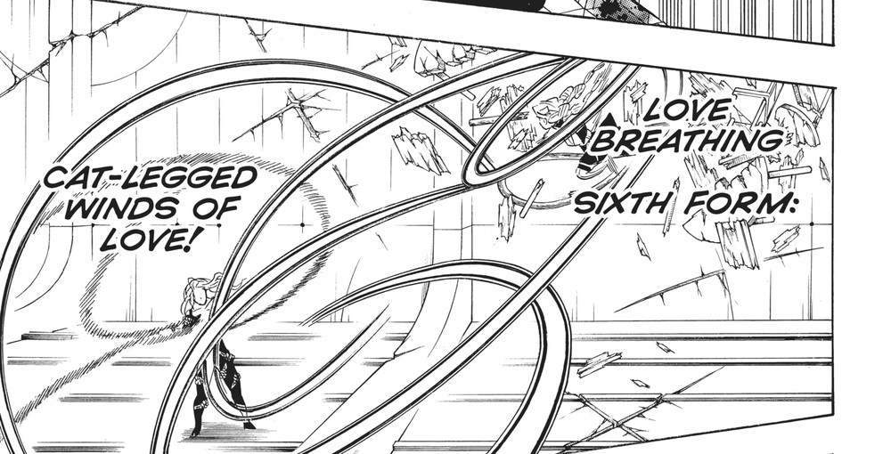 Mitsuri Kanroji spins low into Love Breathing Sixth Form: Cat-Legged Winds of Love against Upper Rank Two Doma, Demon Slayer: Kimetsu no Yaiba Vol. 21 (VIZ Media)