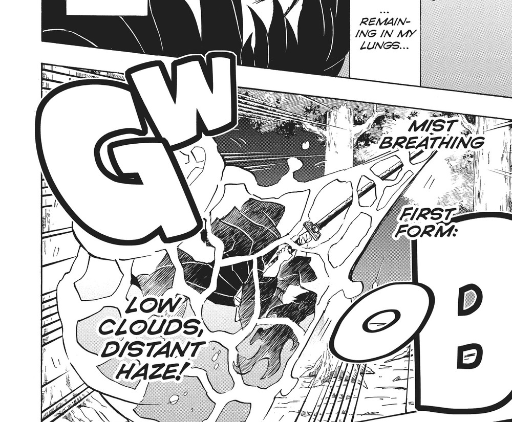 Muichiro Tokito unleashing Mist Breathing First Form: Low Clouds, Distant Haze against a slime-fish demon, Kimetsu no Yaiba Vol. 14