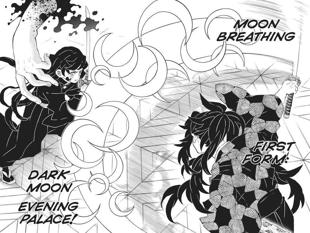 Demon Slayer: Kimetsu no Yaiba Vol. 19 (VIZ Media), p.104 — the matching double-page spread: "MOON BREATHING / FIRST FORM: DARK MOON EVENING PALACE!"