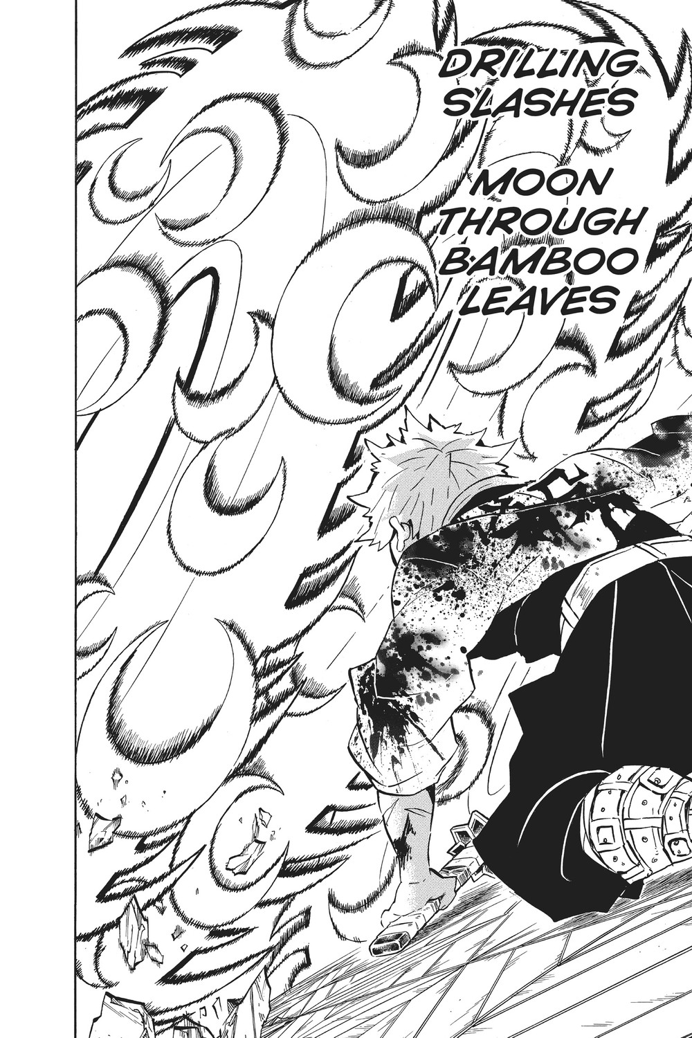 Demon Slayer: Kimetsu no Yaiba Vol. 20 (VIZ Media), p.58 — "DRILLING SLASHES" / "MOON THROUGH BAMBOO LEAVES" over the same crescent-arc wall, Sanemi thrown clear below.