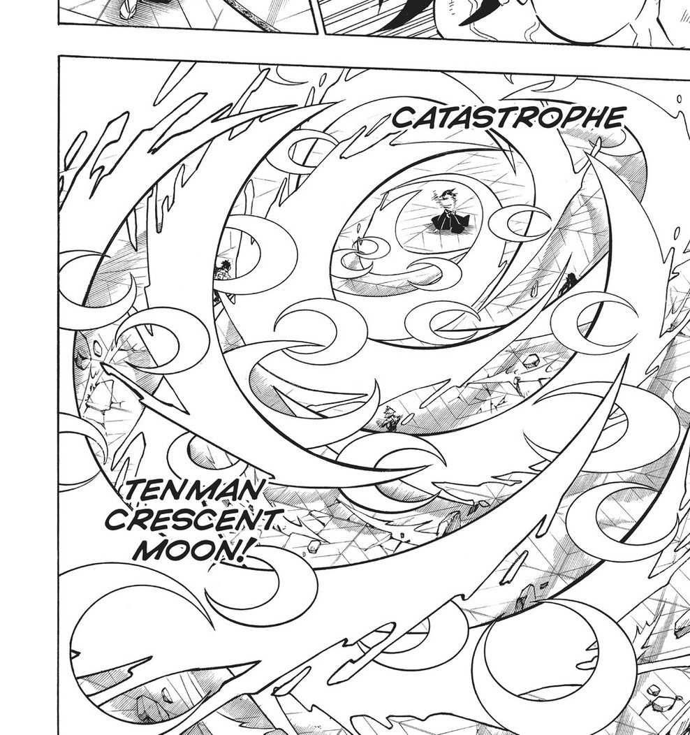 Demon Slayer: Kimetsu no Yaiba Vol. 20 (VIZ Media), p.76 — in VIZ's re-flowed English edition, the technique's name splash falls one page after the Japanese: "CATASTROPHE" / "TENMAN CRESCENT MOON!" over the same spiral of crescent arcs.