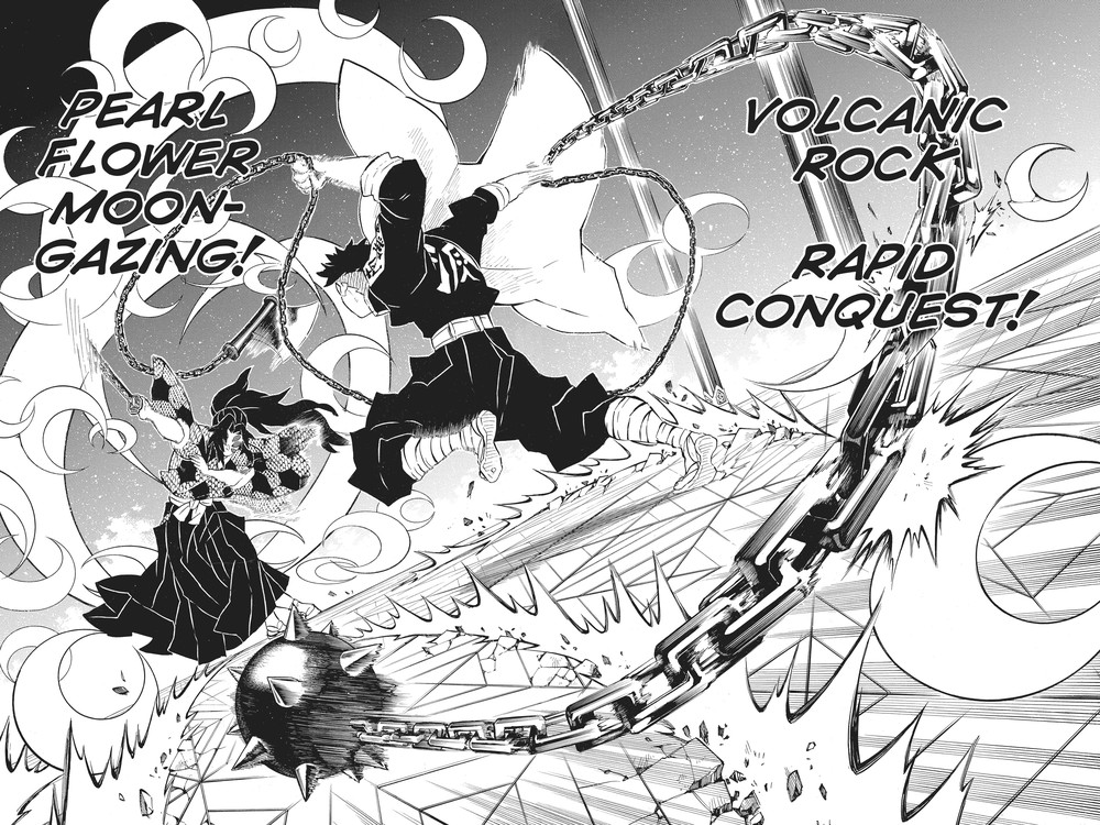 Demon Slayer: Kimetsu no Yaiba Vol. 19 (VIZ Media), p.188 — "PEARL FLOWER MOON-GAZING!" opposite Gyomei's "VOLCANIC ROCK RAPID CONQUEST!" on the same spread.