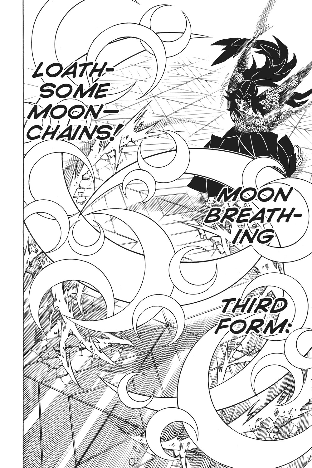 Demon Slayer: Kimetsu no Yaiba Vol. 19 (VIZ Media), p.170 — this stretch of Vol. 19 runs one page ahead in VIZ's English pagination: "LOATHSOME MOON-CHAINS! / MOON BREATHING / THIRD FORM:"