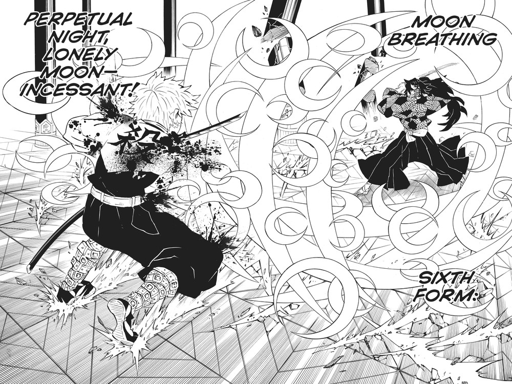 Demon Slayer: Kimetsu no Yaiba Vol. 19 (VIZ Media), p.144 — the matching page: "PERPETUAL NIGHT, LONELY MOON— INCESSANT! / MOON BREATHING / SIXTH FORM:"