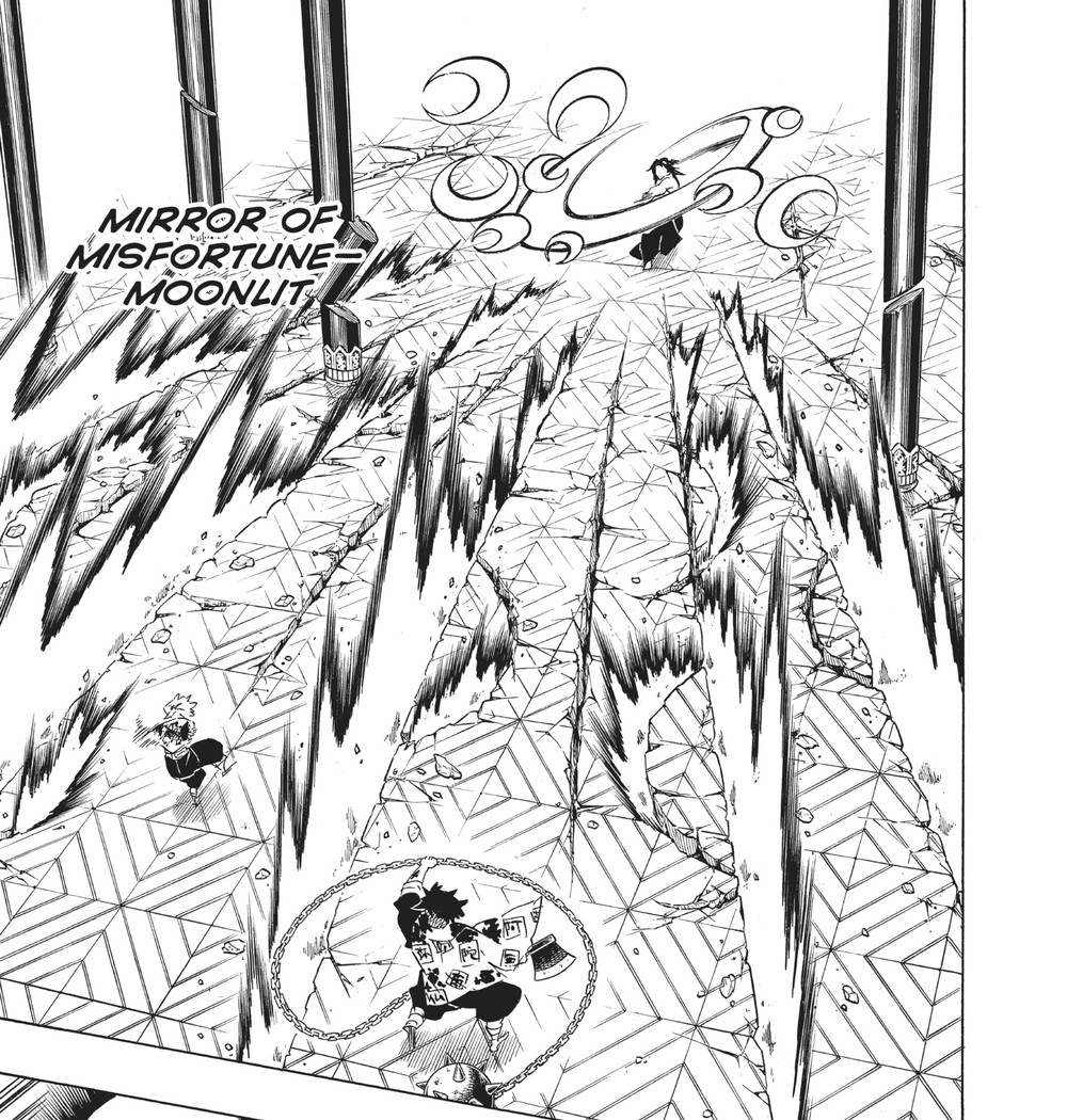 Demon Slayer: Kimetsu no Yaiba Vol. 20 (VIZ Media), p.53 — this stretch of Vol. 20 runs one page ahead in VIZ's English pagination: "MIRROR OF MISFORTUNE-MOONLIT" beside the same crescent-slash panel.