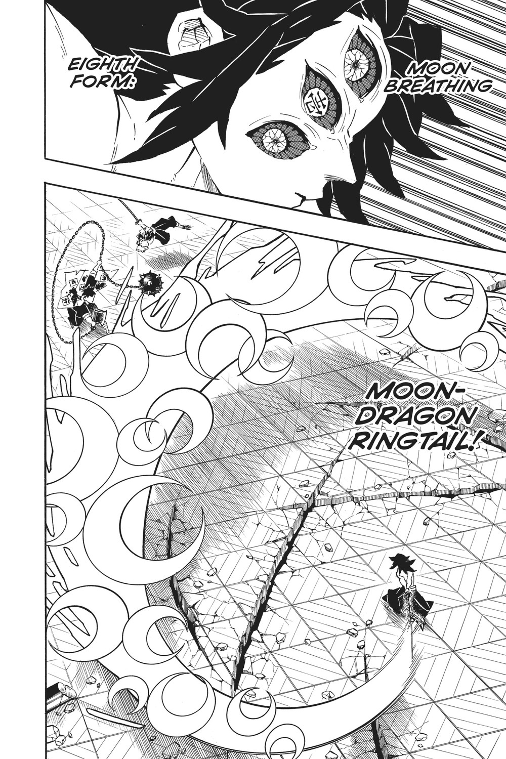 Demon Slayer: Kimetsu no Yaiba Vol. 20 (VIZ Media), p.54 — "EIGHTH FORM: MOON BREATHING" above the coiling crescent-slash ring labeled "MOON-DRAGON RINGTAIL!"