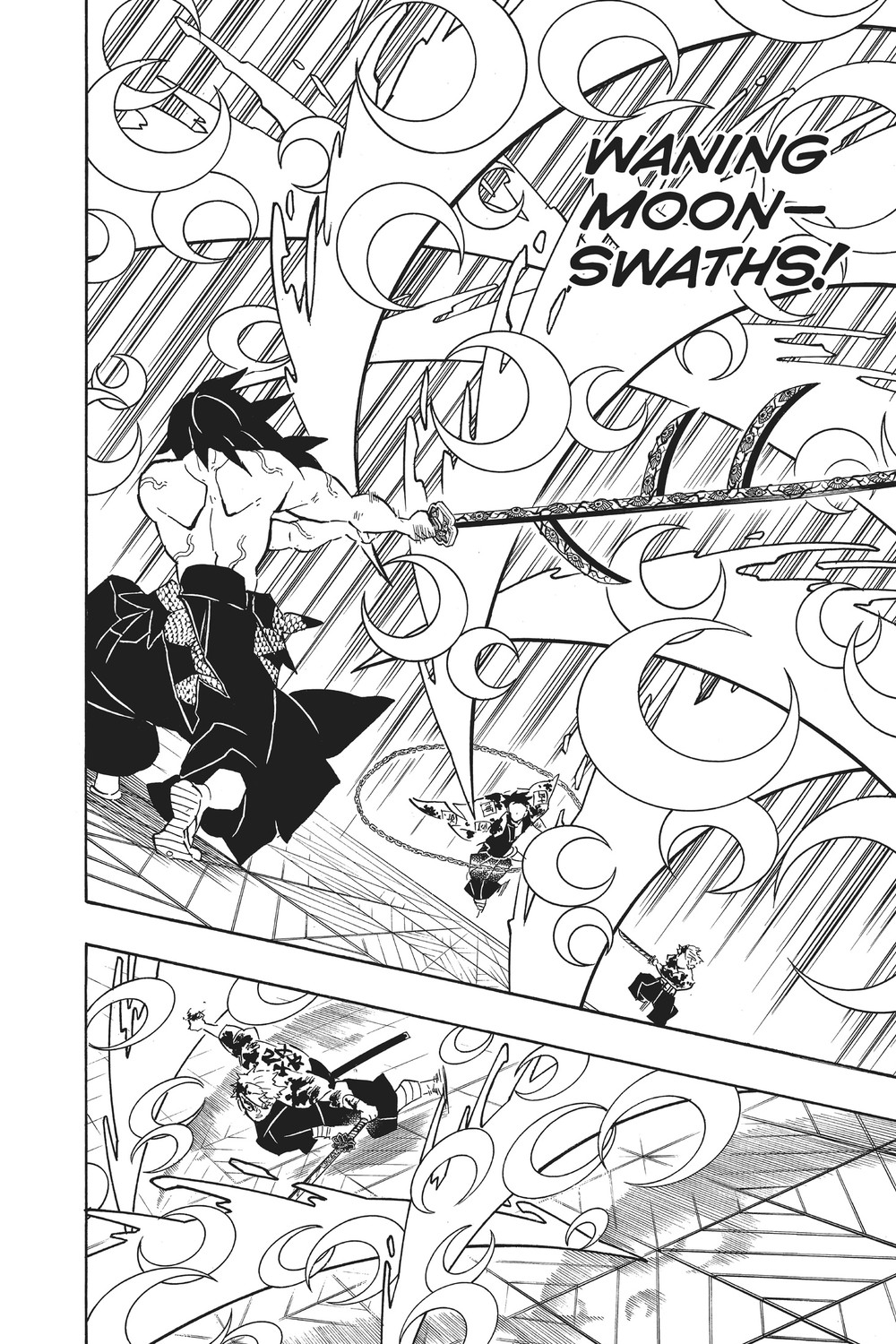 Demon Slayer: Kimetsu no Yaiba Vol. 20 (VIZ Media), p.56 — this stretch of Vol. 20 runs one page ahead in VIZ's English pagination: "WANING MOON-SWATHS!" over the same crescent-arc splash.