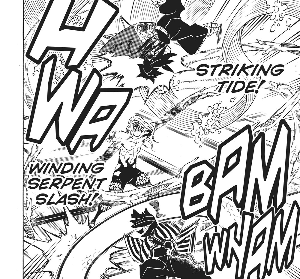 Obanai Iguro unleashing Serpent Breathing First Form: Ida Giri (Winding Serpent Slash) alongside Giyu Tomioka against Kibutsuji Muzan, Kimetsu no Yaiba Vol. 21