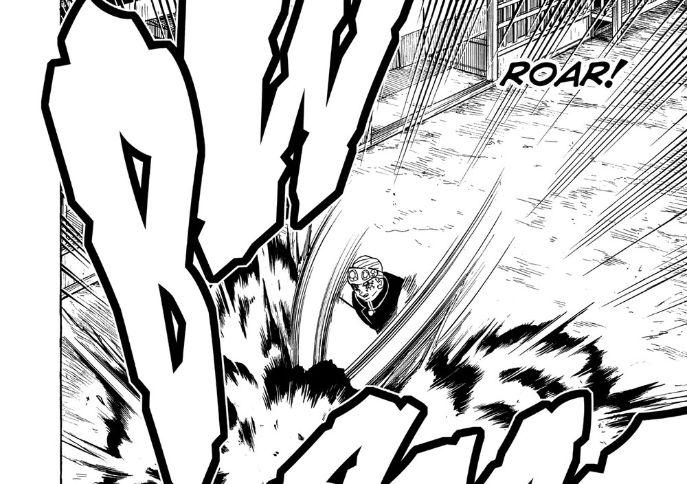 Tengen Uzui unleashes Sound Breathing First Form: Roar against Kyogai in the tunnels beneath the Entertainment District, Demon Slayer: Kimetsu no Yaiba Vol. 9 (VIZ Media)