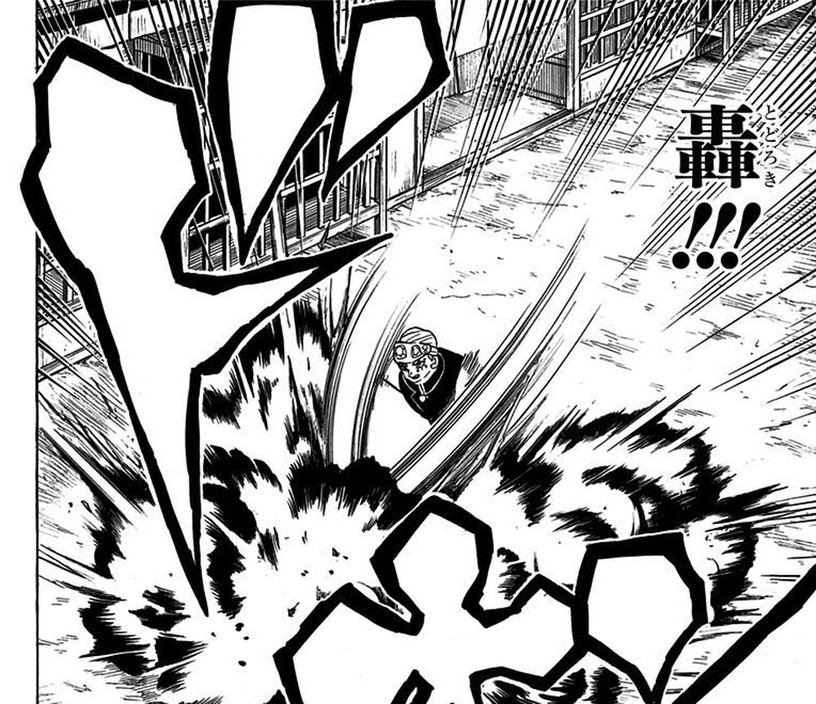 Tengen Uzui unleashes Sound Breathing First Form: Roar against Kyogai in the tunnels beneath the Entertainment District, Kimetsu no Yaiba Vol. 9