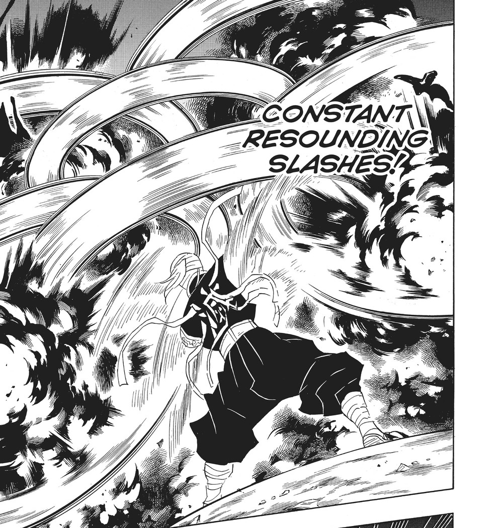 Tengen Uzui unleashes Sound Breathing Fourth Form: Constant Resounding Slashes against Upper Rank Six Gyutaro, Demon Slayer: Kimetsu no Yaiba Vol. 11 (VIZ Media)