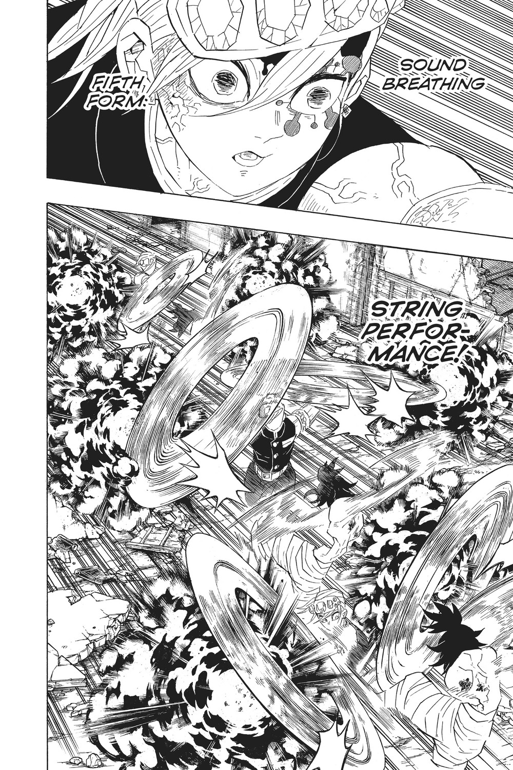 Tengen Uzui unleashes Sound Breathing Fifth Form: String Performance against Upper Rank Six Gyutaro, Demon Slayer: Kimetsu no Yaiba Vol. 11 (VIZ Media)