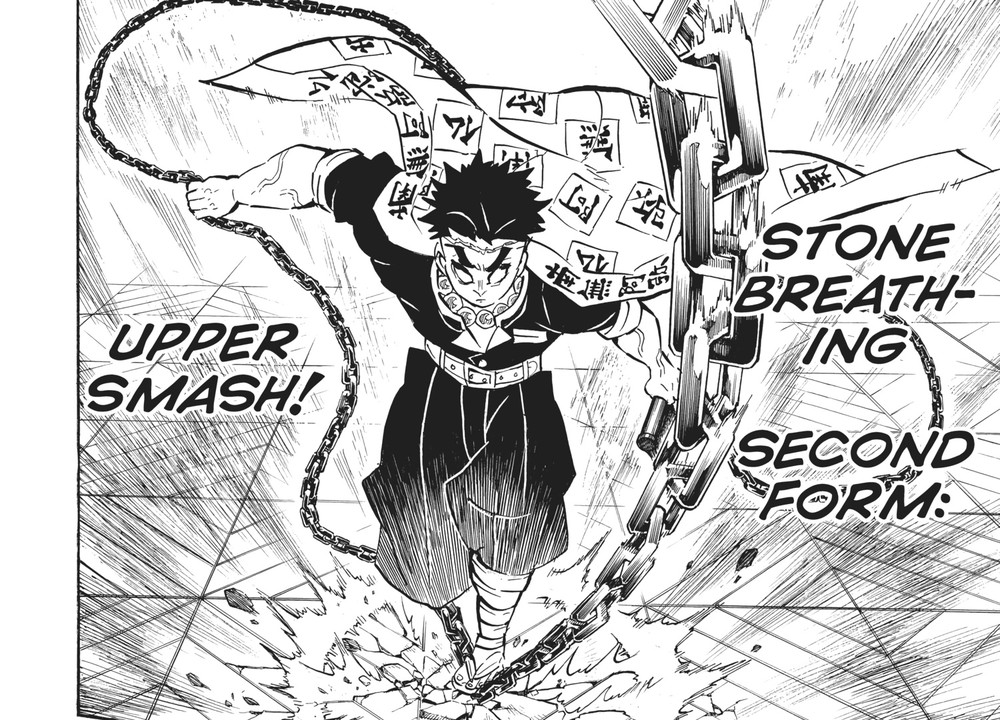 Gyomei Himejima performs Stone Breathing Second Form: Upper Smash, Kimetsu no Yaiba Vol. 19