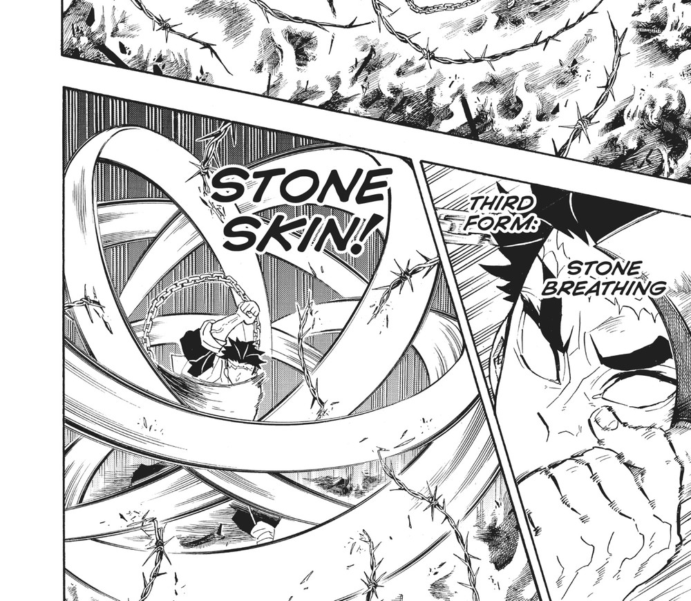 Gyomei Himejima performs Stone Breathing Third Form: Stone Skin, Kimetsu no Yaiba Vol. 16