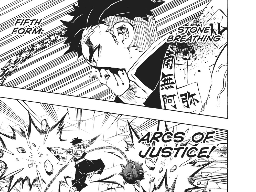 Gyomei Himejima performs Stone Breathing Fifth Form: Arcs of Justice, Kimetsu no Yaiba Vol. 20