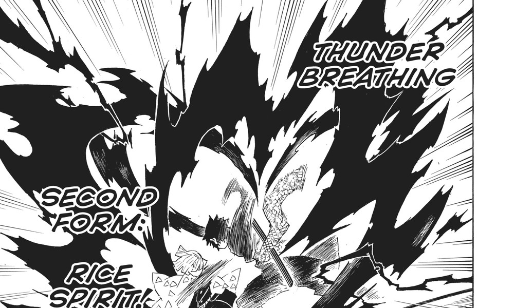 Kaigaku performs Thunder Breathing Second Form: Rice Spirit against Zenitsu, Vol. 17
