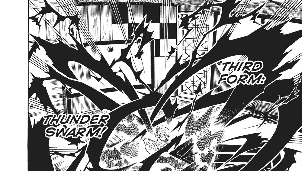 Kaigaku performs Thunder Breathing Third Form: Thunder Swarm against Zenitsu, Vol. 17