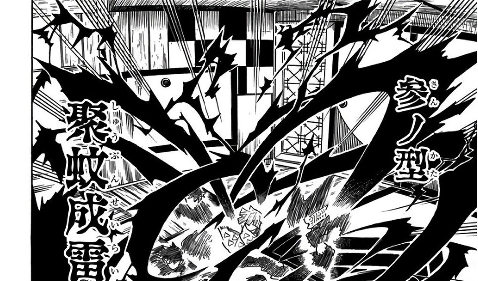 Kaigaku performs Thunder Breathing Third Form: Thunder Swarm against Zenitsu, vol. 17