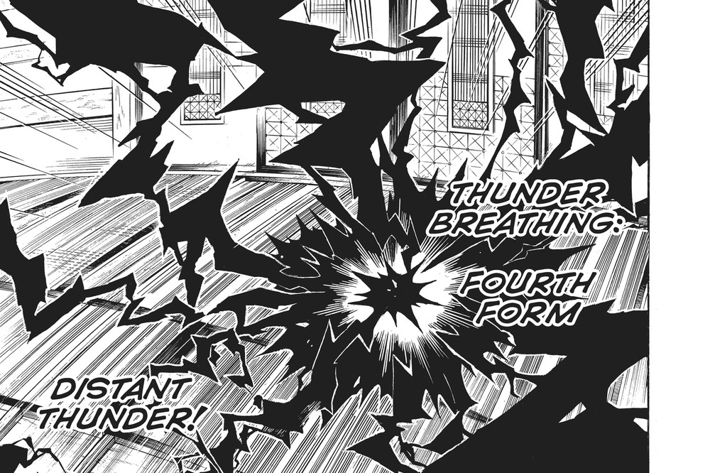 Kaigaku performs Thunder Breathing Fourth Form: Distant Thunder against Zenitsu, Vol. 17