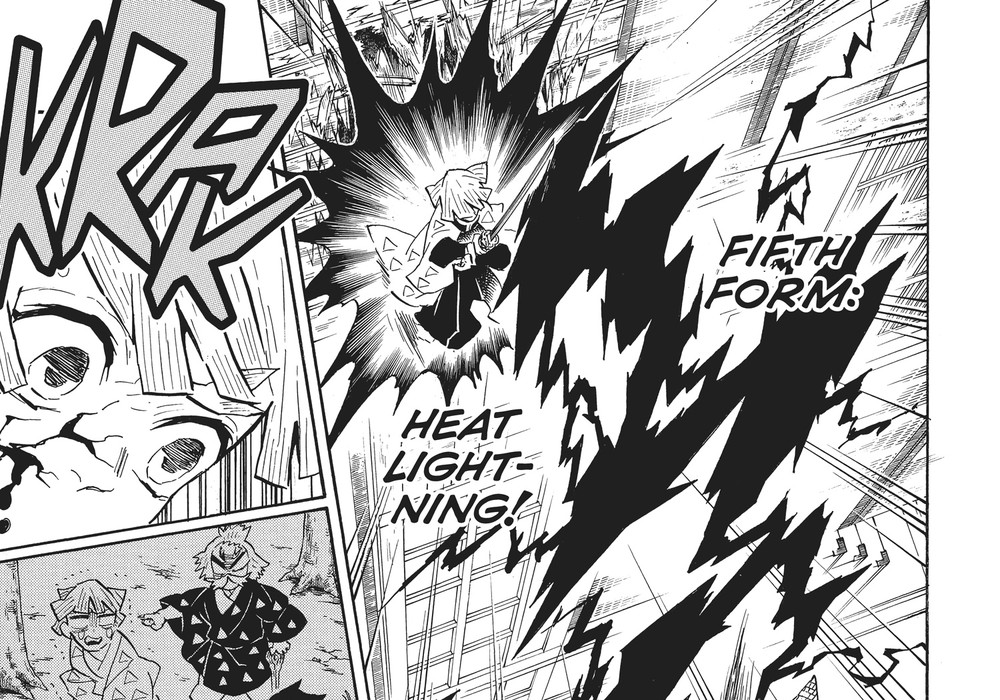 Kaigaku performs Thunder Breathing Fifth Form: Heat Lightning against Zenitsu, Vol. 17