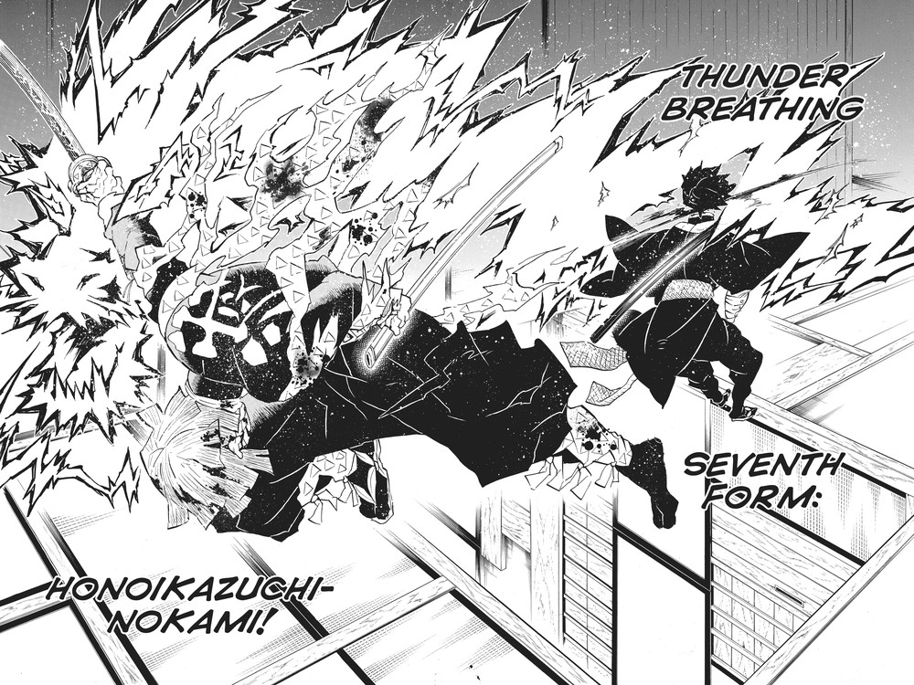 Zenitsu Agatsuma unveils his self-invented Thunder Breathing Seventh Form: Honoikazuchi no Kami against Kaigaku, Vol. 17
