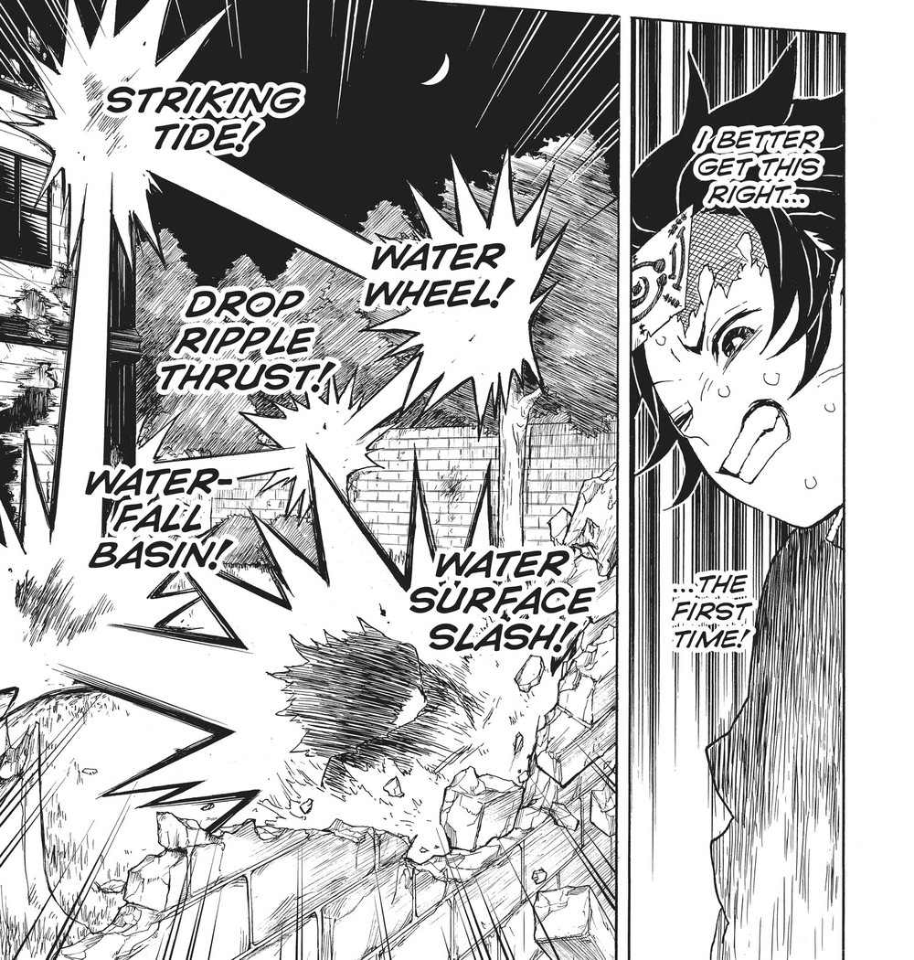 Tanjiro Kamado chaining Water Breathing forms including Water Surface Slash, Kimetsu no Yaiba Vol. 3
